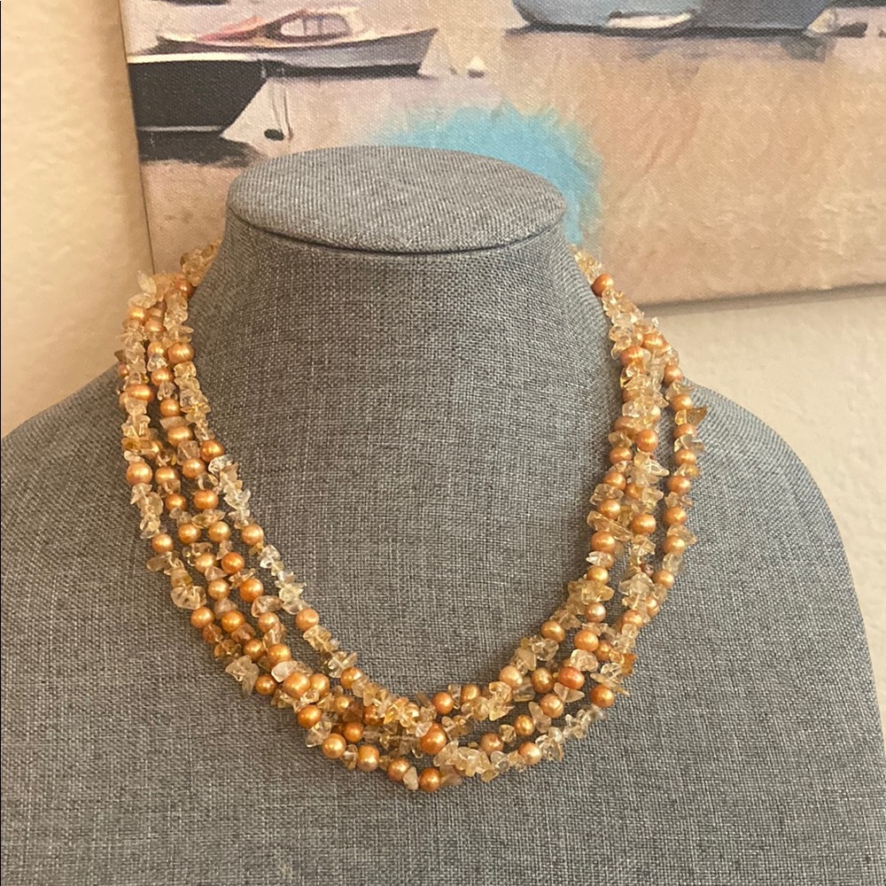 VINTAGE 4 Strand PEARLS/ CITRINE /STERLING SILVER Necklace